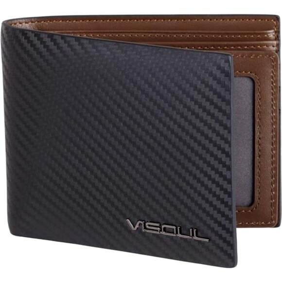 Mens Carbon Fiber Leather Bifold Wallets with 2 ID Windows, RFID
